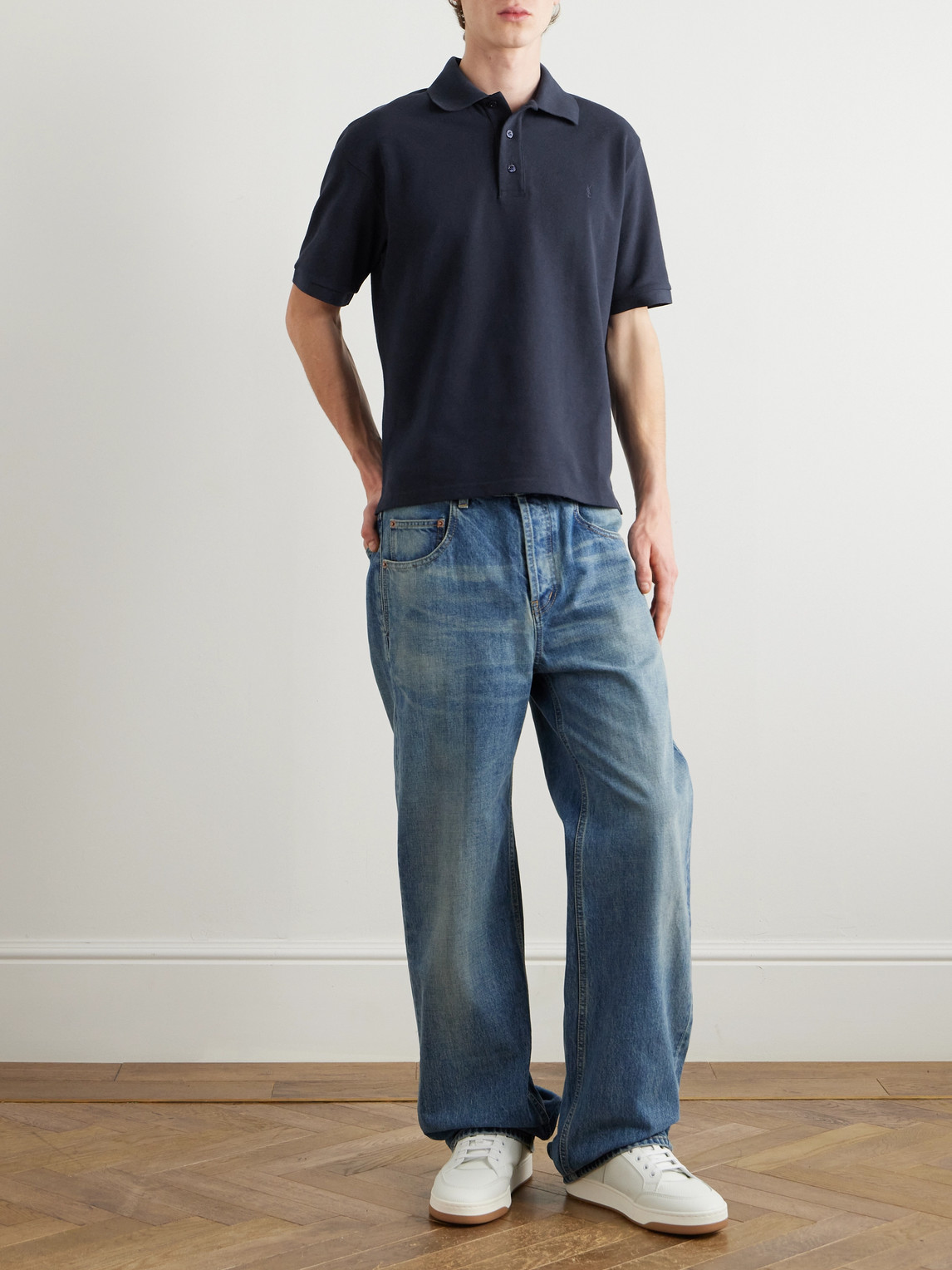 Saint Laurent Embroidered Monogram Polo Shirt In Blue