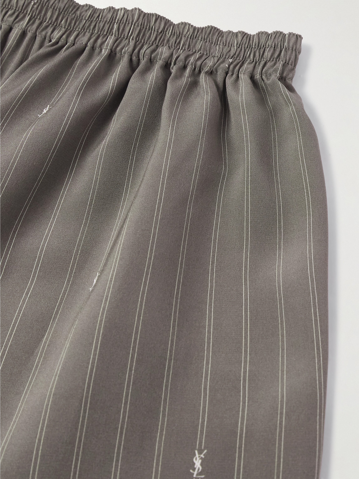 Saint Laurent Straight-leg Logo-print Pinstriped Silk Shorts In Gray