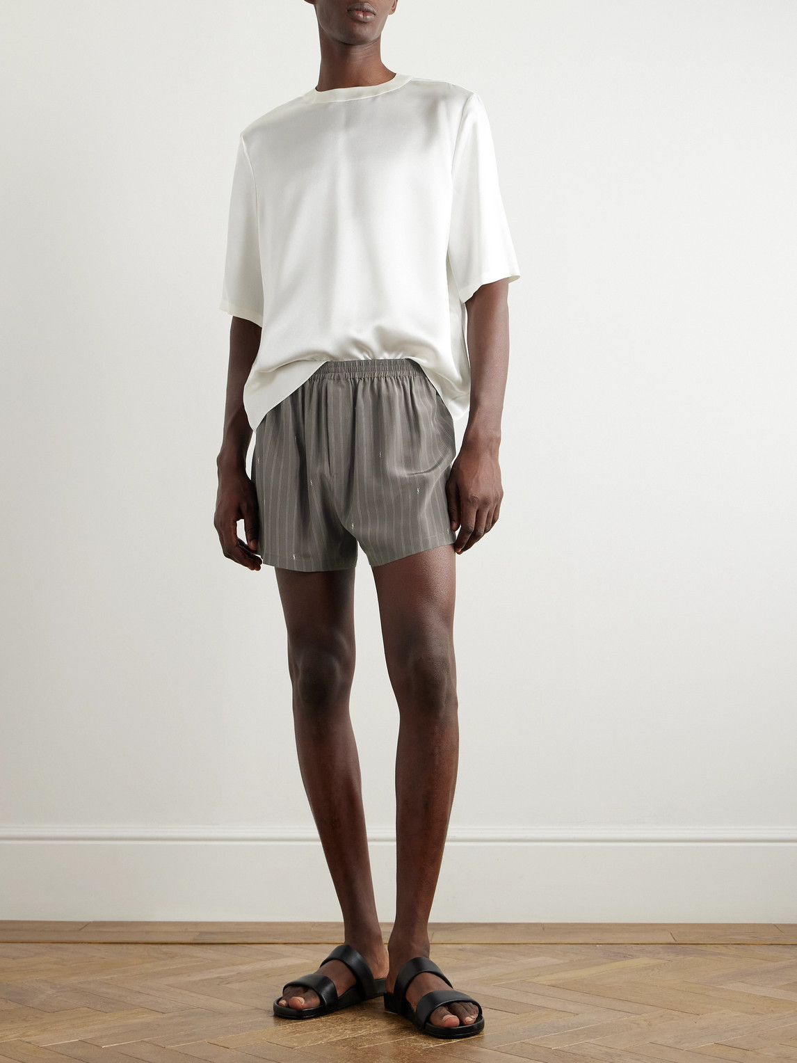 Saint Laurent Straight-leg Logo-print Pinstriped Silk Shorts In Gray