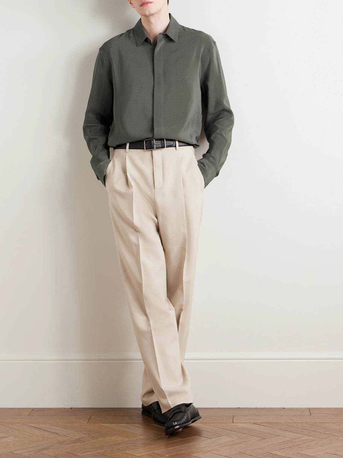 Saint Laurent Striped Silk Shirt In Gray