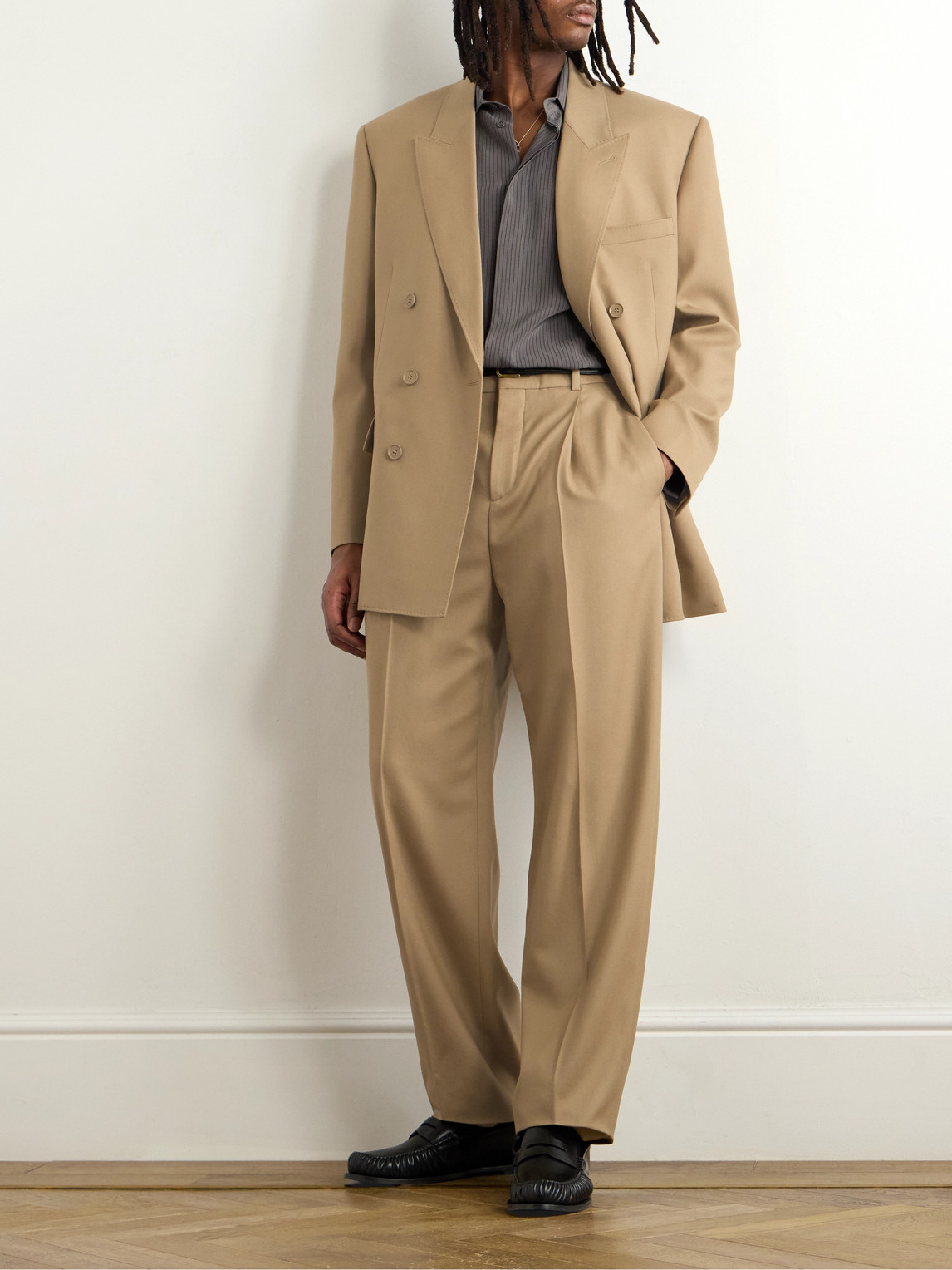 Saint Laurent Tapered Pleated Grain De Poudre Wool Trousers In Neutrals