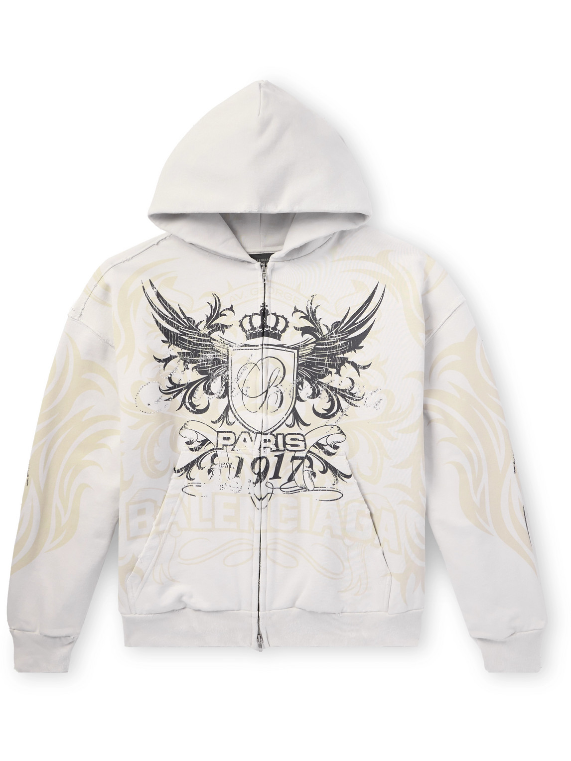 Balenciaga Tacky Embellished Metallic Logo-print Cotton-jersey Zip-up Hoodie In Neutrals