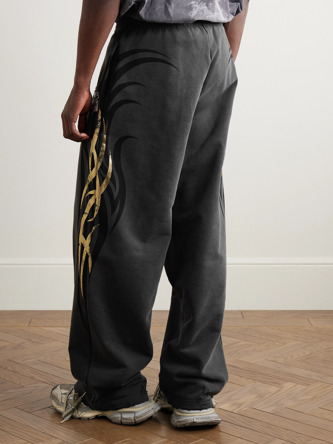 BALENCIAGA TACKY WIDE-LEG CRYSTAL-EMBELLISHED PRINTED COTTON-JERSEY SWEATPANTS