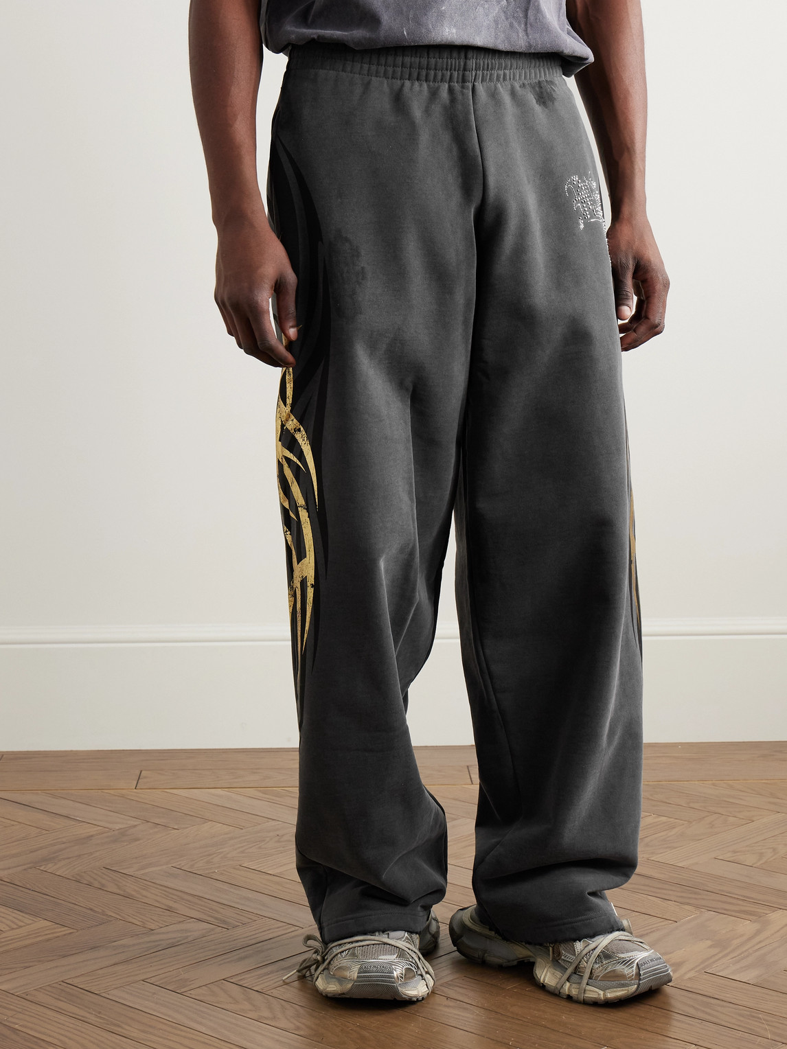 BALENCIAGA TACKY WIDE-LEG CRYSTAL-EMBELLISHED PRINTED COTTON-JERSEY SWEATPANTS