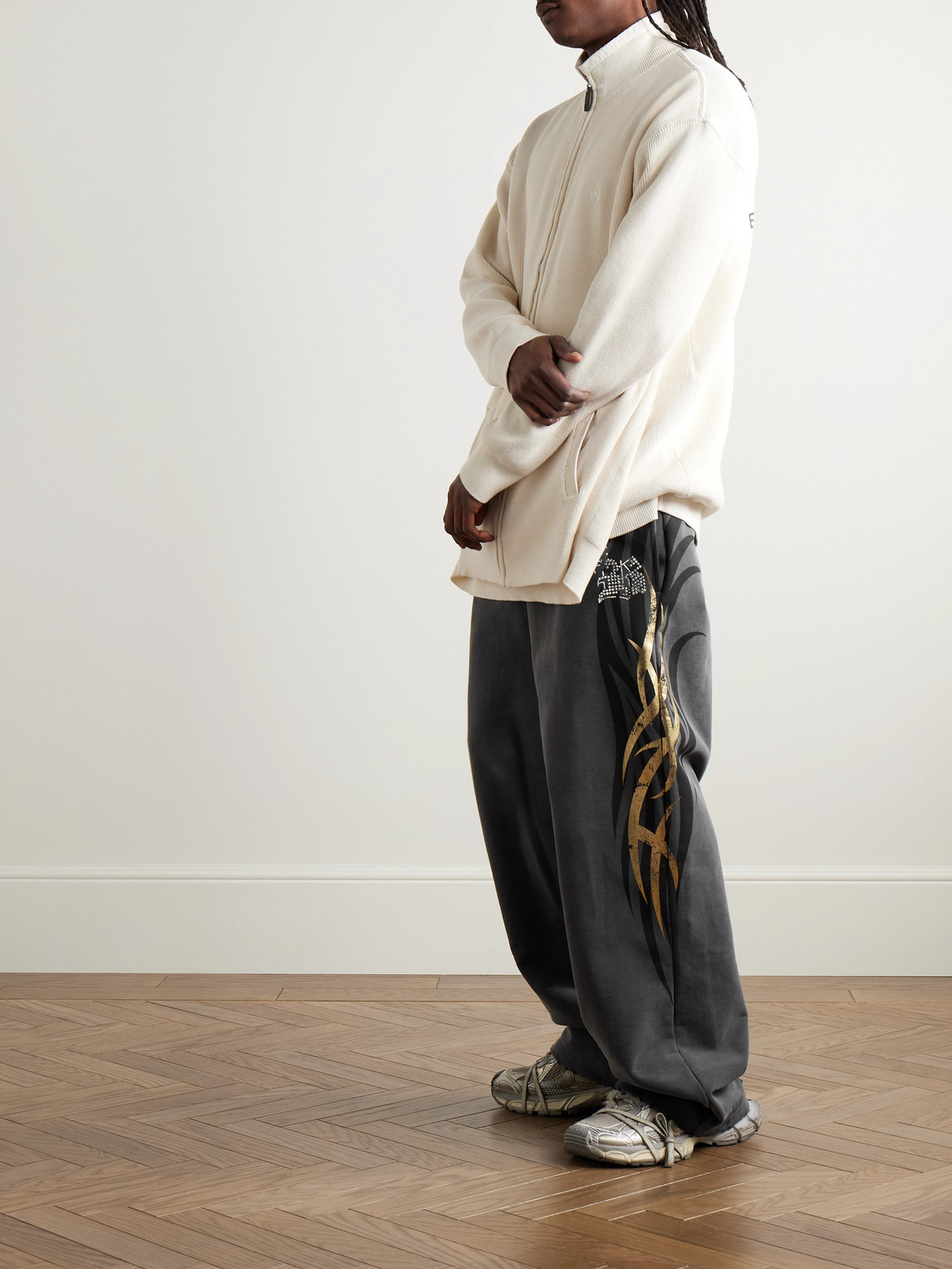 BALENCIAGA TACKY WIDE-LEG CRYSTAL-EMBELLISHED PRINTED COTTON-JERSEY SWEATPANTS