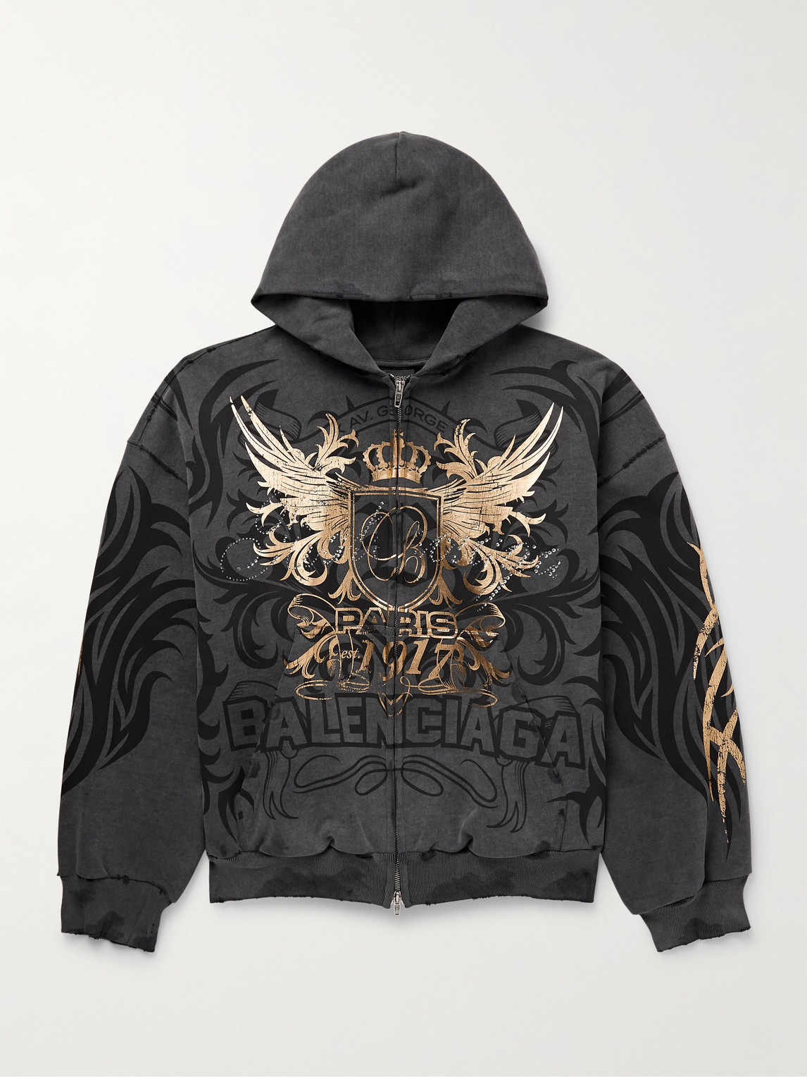 Balenciaga Tacky Embellished Metallic Logo-Print Cotton-Jersey Zip-Up Hoodie - Men