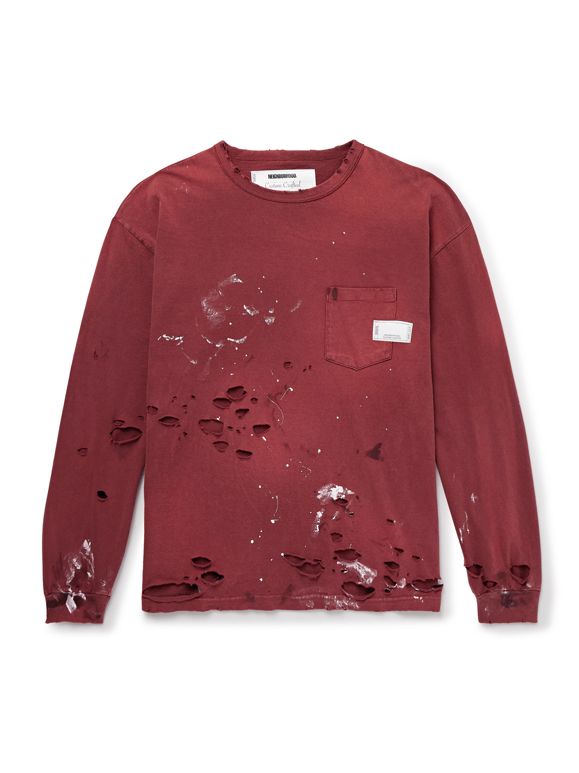 Neighborhood Savage Distressed Paint-splattered Cotton-jersey T-shirt In Burgundy