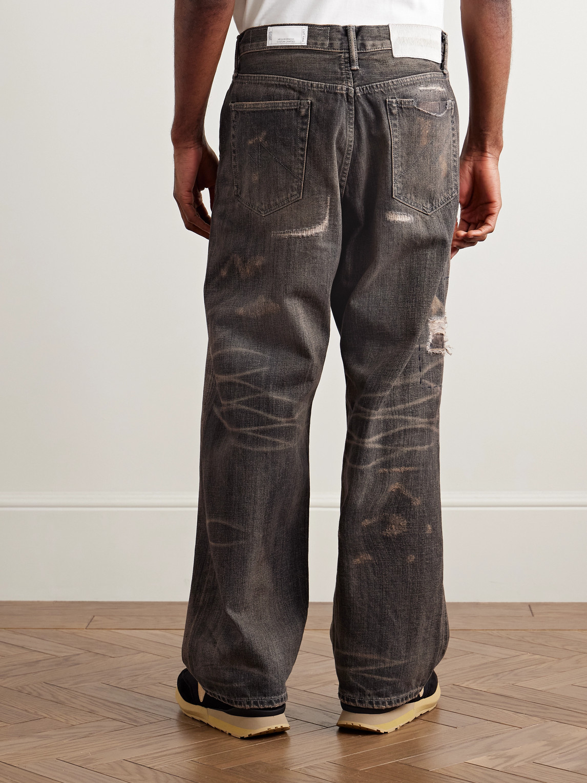 Shop Neighborhood Savage Wide-leg Distressed Selvedge Jeans In Black