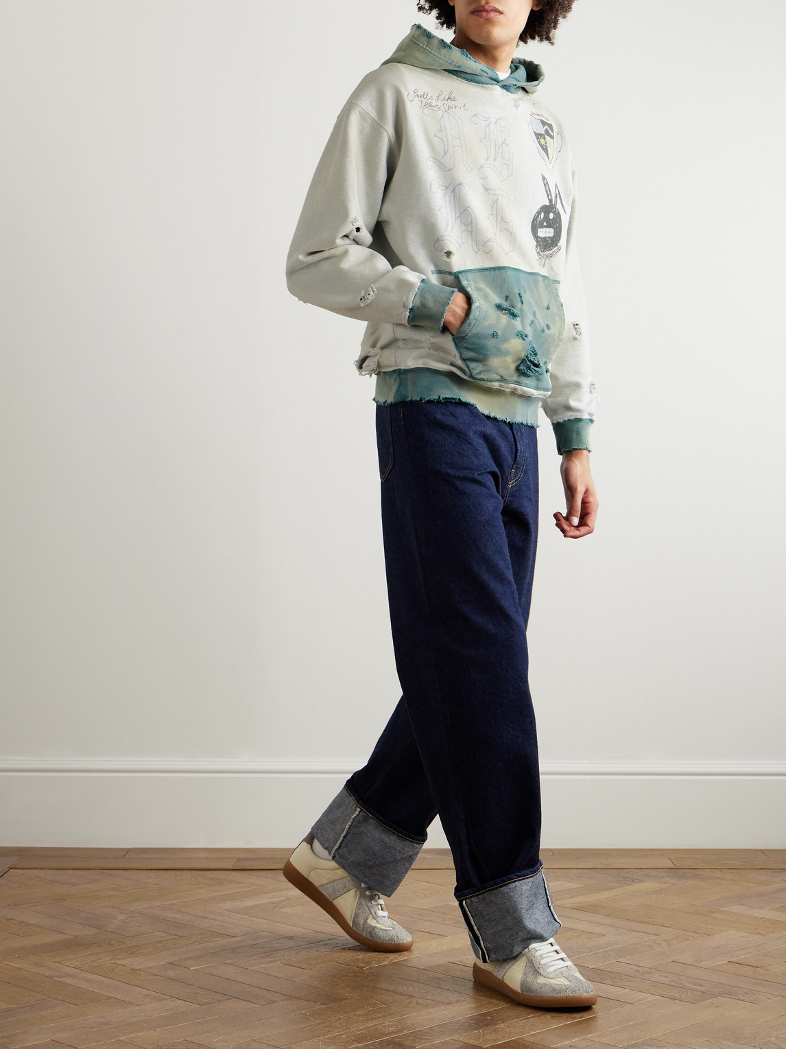 NEIGHBORHOOD SAVAGE PRINTED DISTRESSED COTTON-JERSEY HOODIE