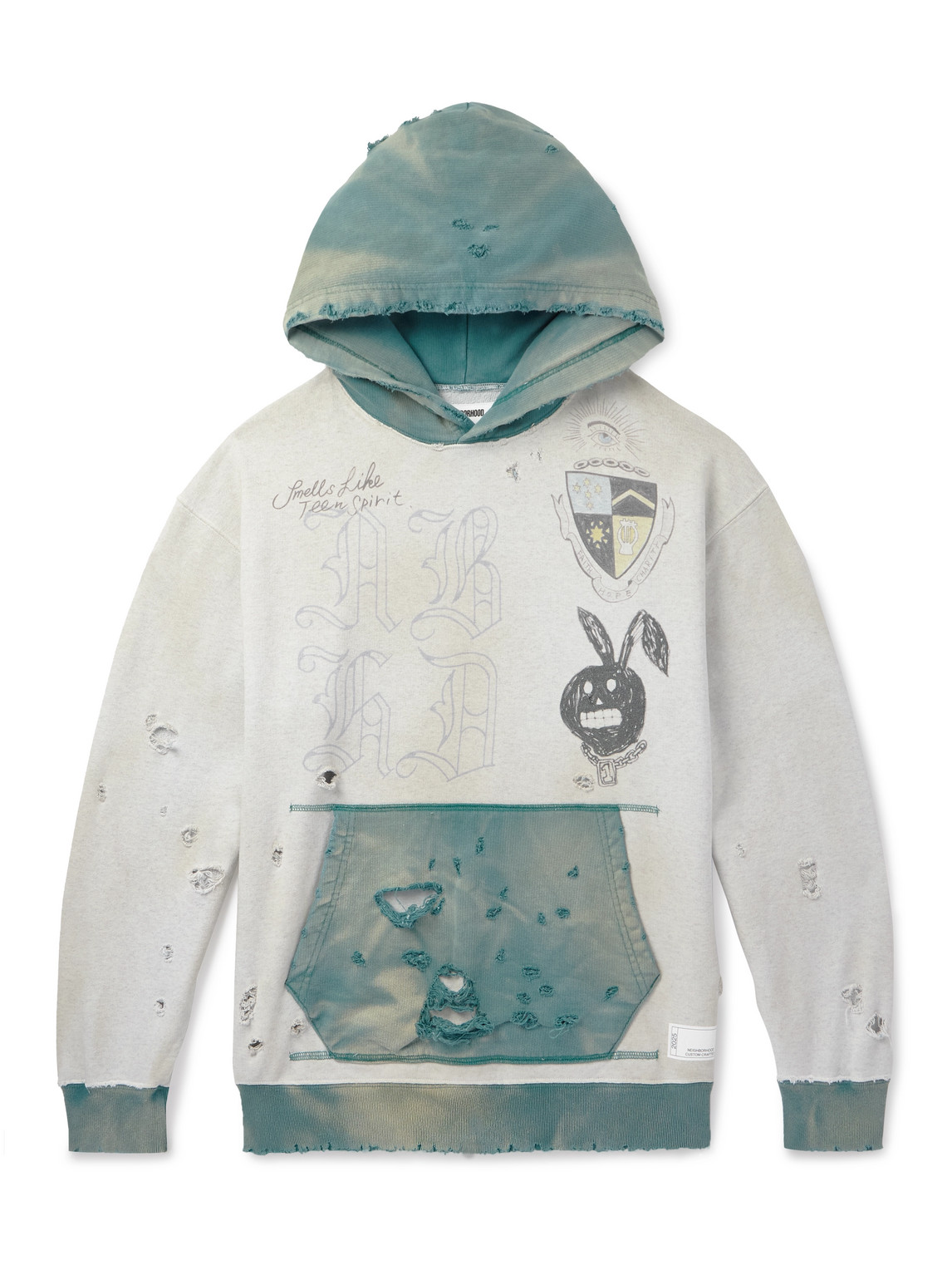 Neighborhood Savage Printed Distressed Cotton-jersey Hoodie In Blue