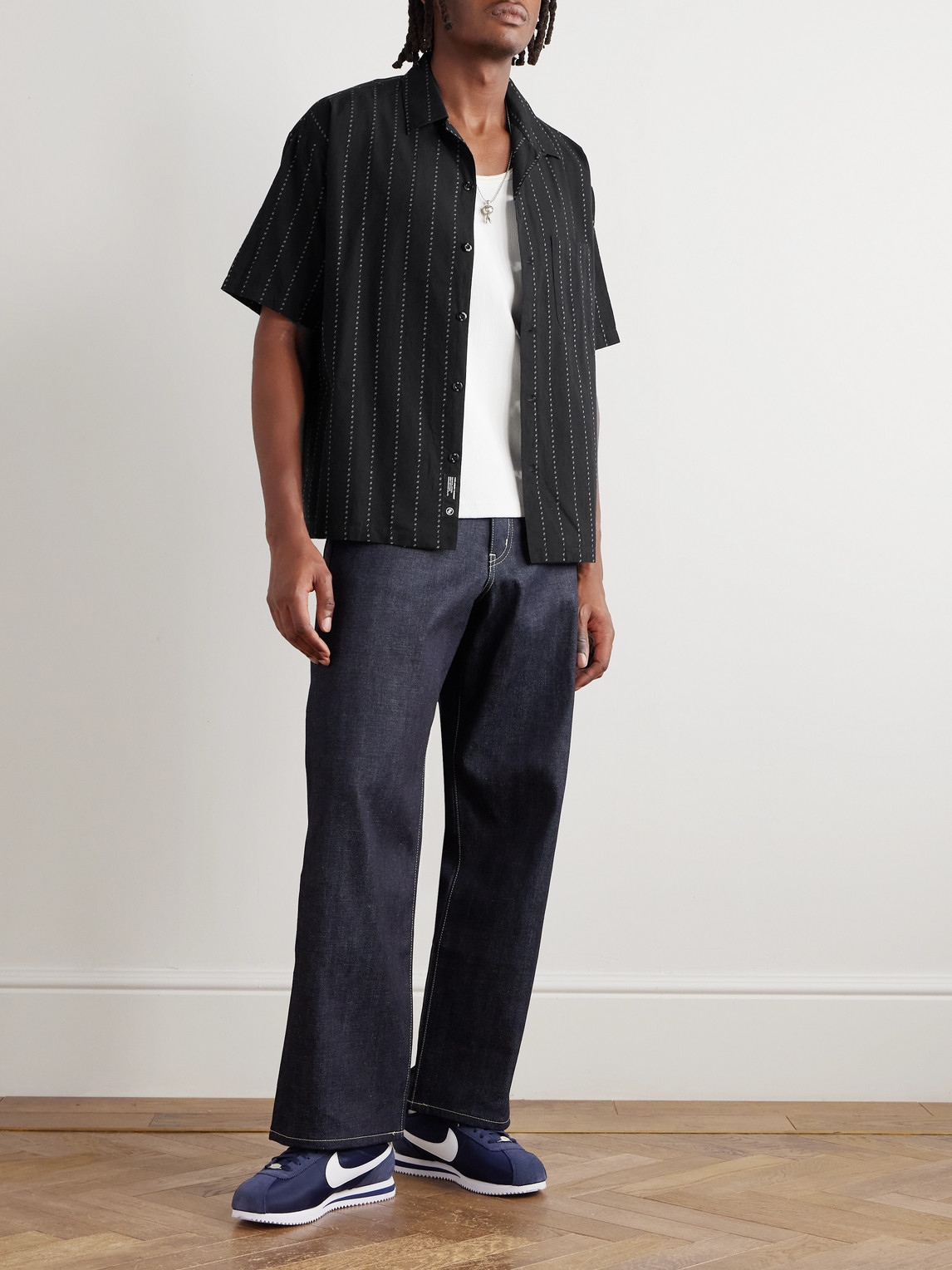 Neighborhood Dobby Convertible-collar Striped Cotton-poplin Shirt In Black