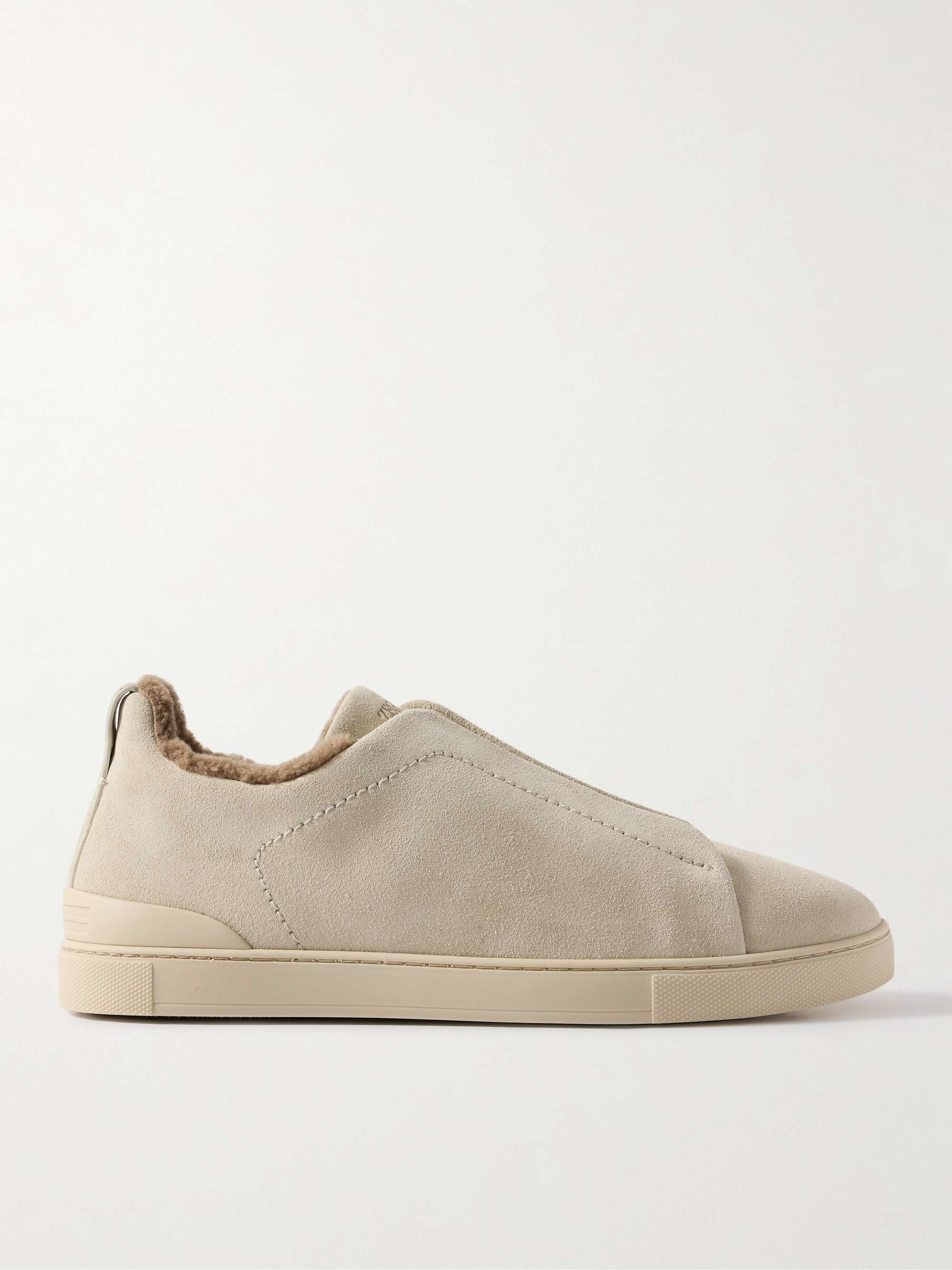 Triple Stitch Shearling Lined Suede Slip On Sneakers