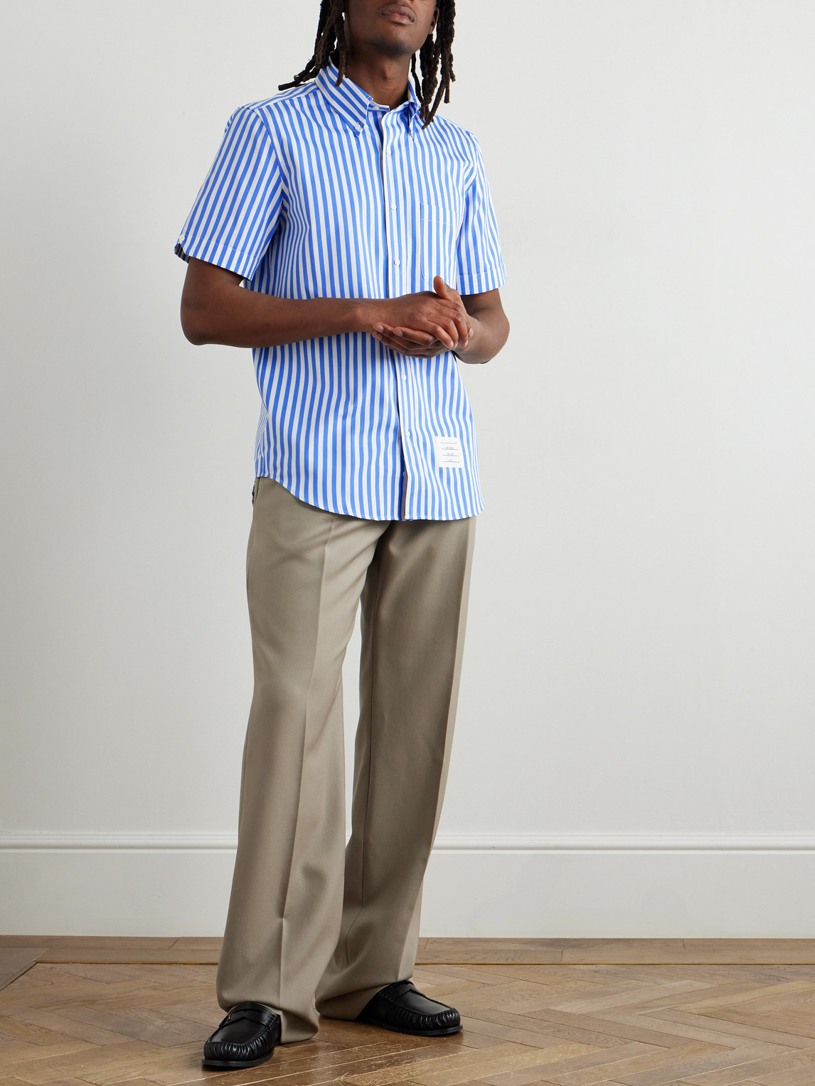 Thom Browne Vertical Striped Short Sleeve Shirt In Blue