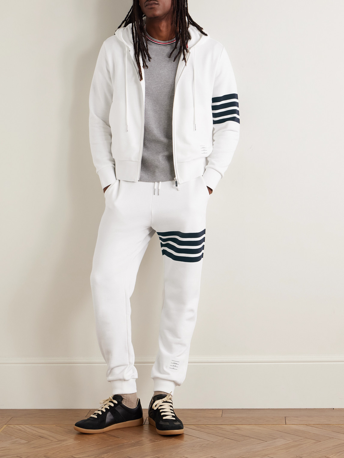 Thom Browne Tapered Striped Loopback Cotton-jersey Sweatpants In White