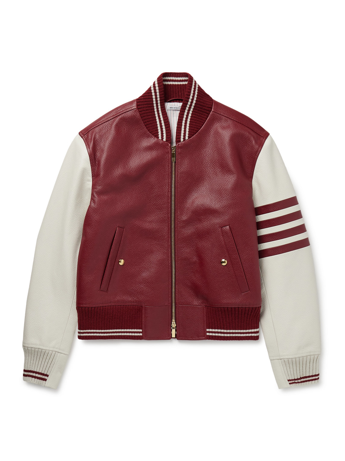 Thom Browne Striped Full-grain Leather Bomber Jacket In Burgundy