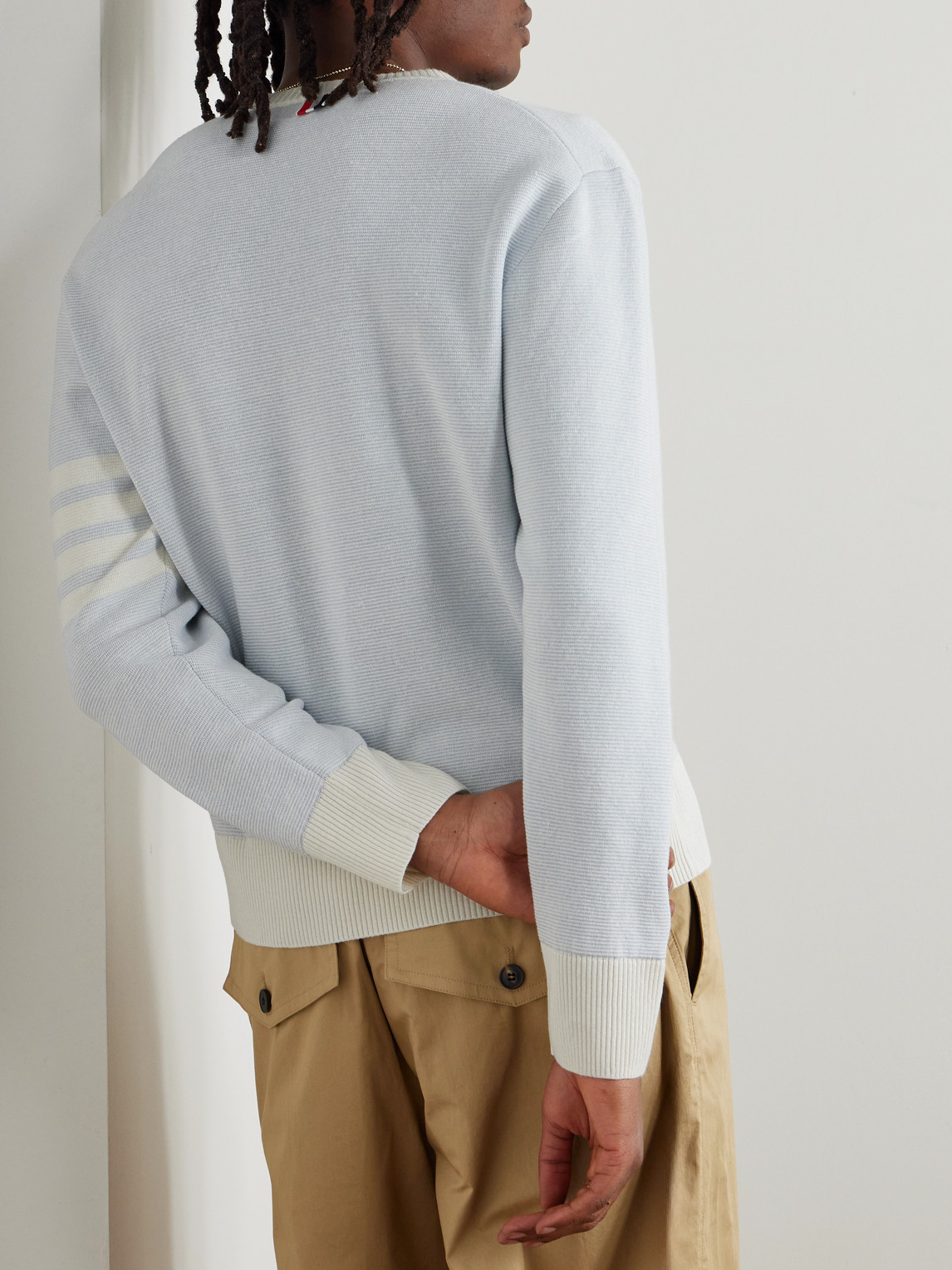 Shop Thom Browne Striped Linen And Cotton-blend Sweater In Blue