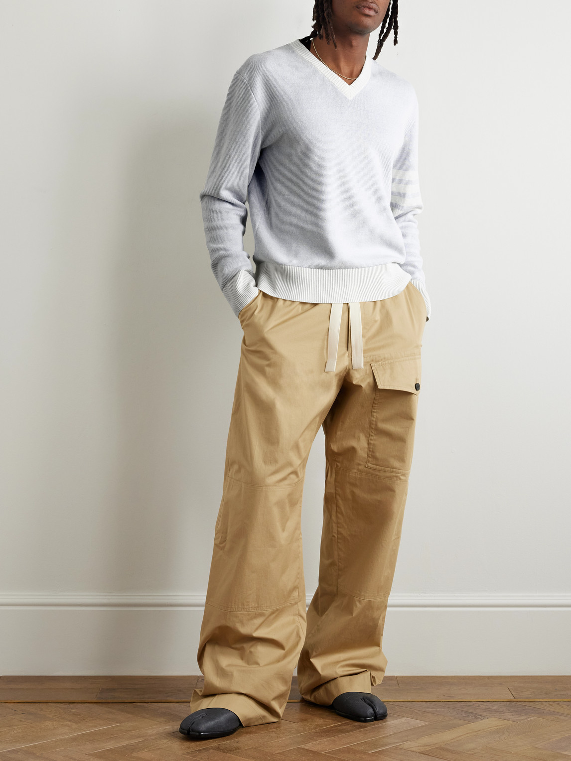 Shop Thom Browne Striped Linen And Cotton-blend Sweater In Blue