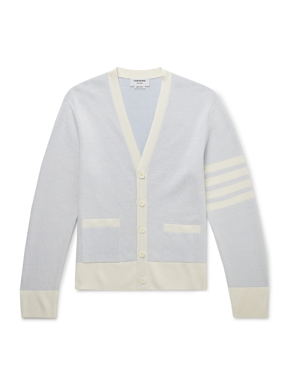 Thom Browne Slim-fit Striped Linen And Cotton-blend Cardigan In Blue
