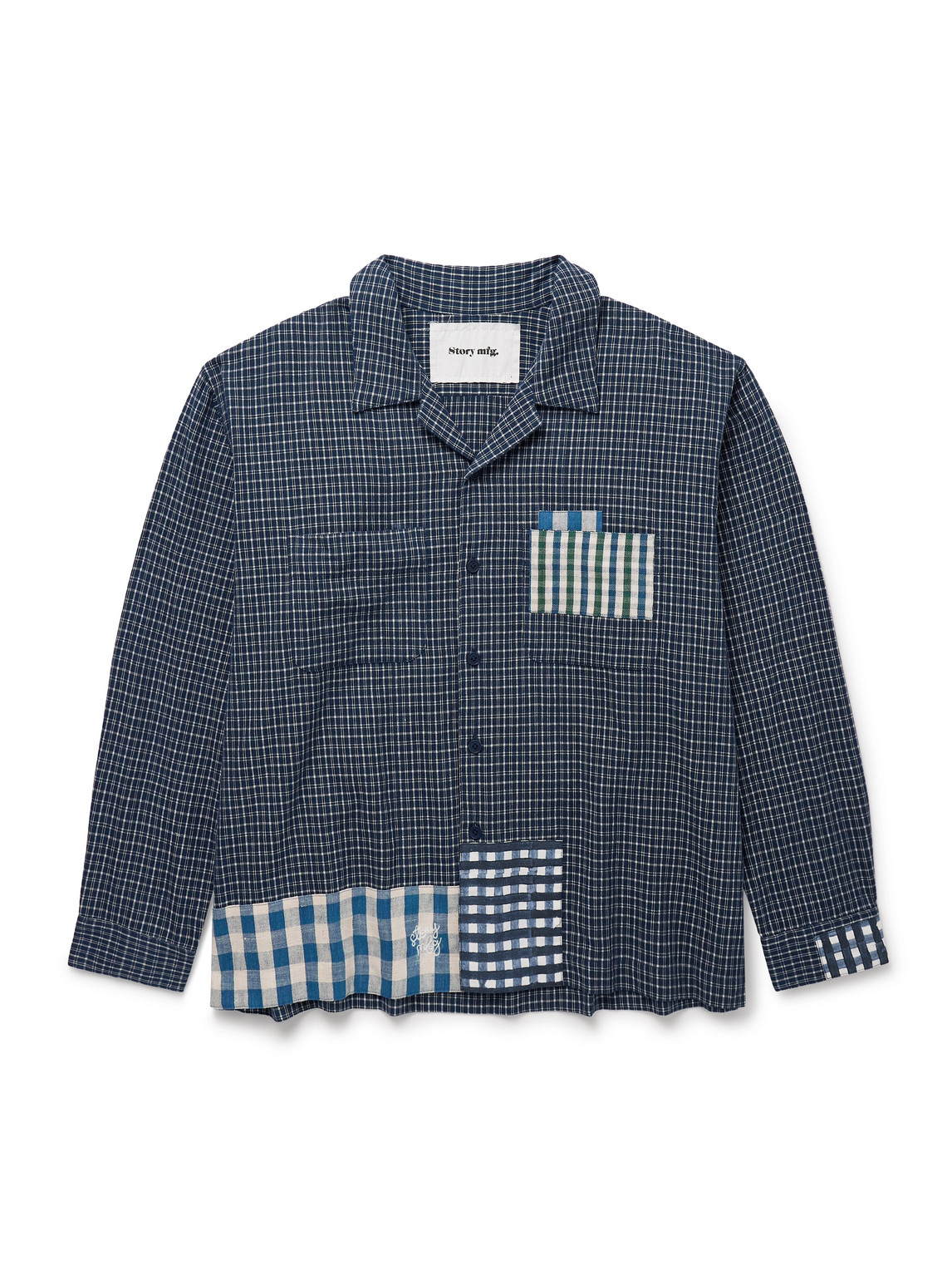 Story Mfg. Pa Camp-collar Patchwork Checked Organic Cotton Shirt In Blue
