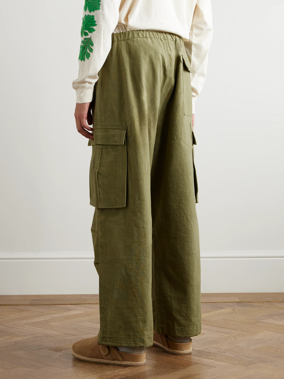 Story Mfg. Peace Wide-leg Slub Organic Cotton Drawstring Cargo Trousers