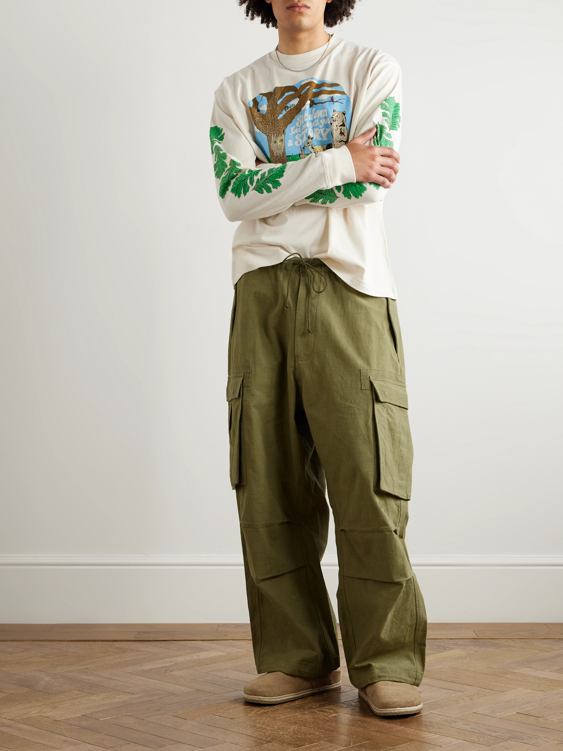 Story Mfg. Peace Wide-leg Slub Organic Cotton Drawstring Cargo Trousers