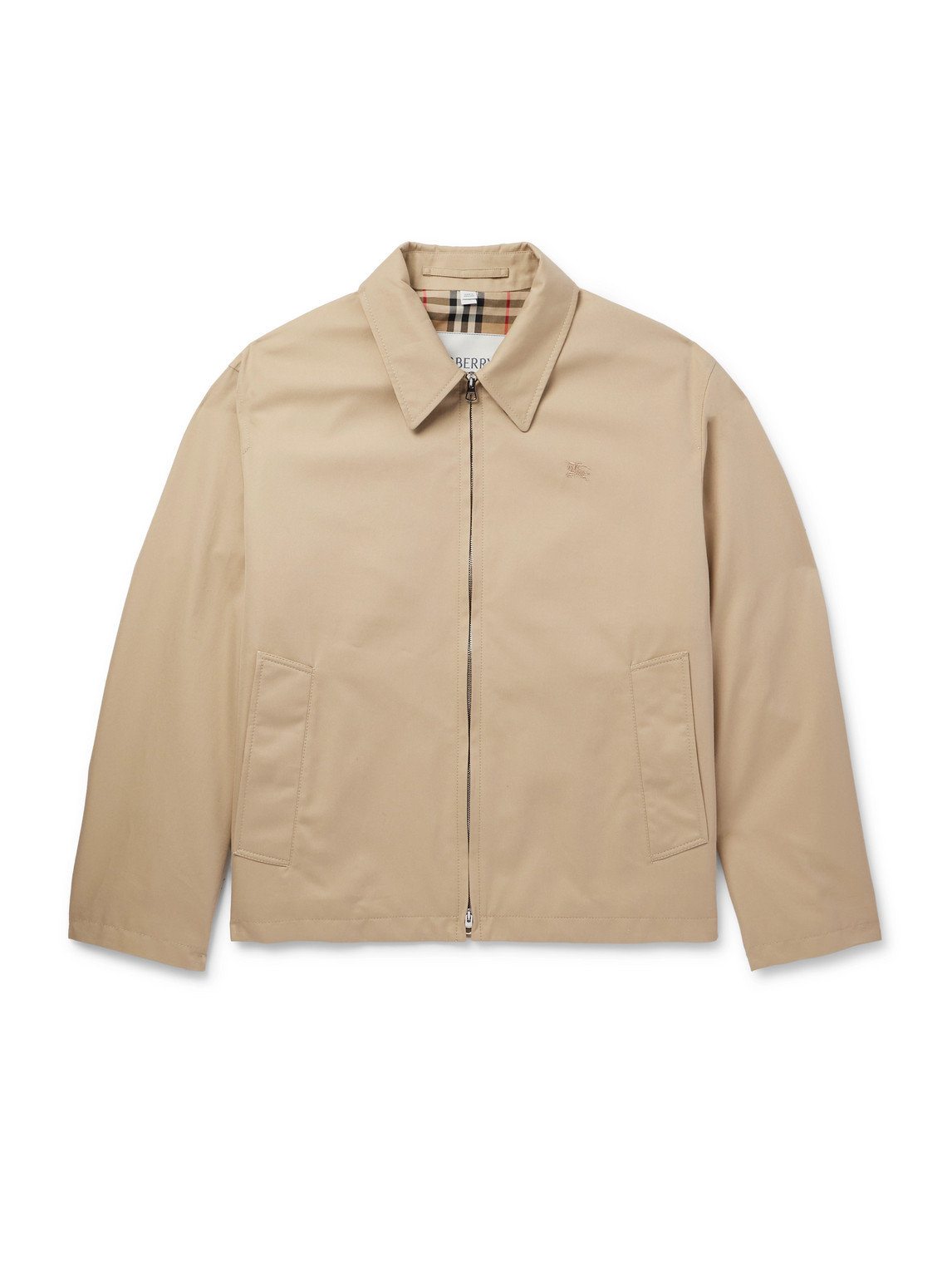 Burberry Logo-embroidered Cotton-gabardine Harrington Jacket In Neutrals