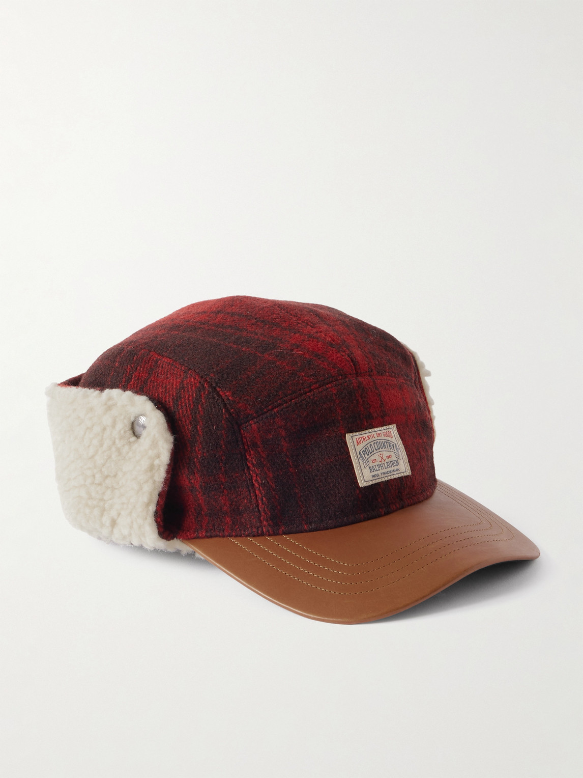 Polo Country Logo-Appliquéd Checked Leather-Trimmed Fleece and Wool Hat