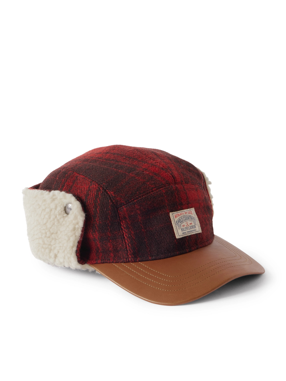 Polo Ralph Lauren Polo Country Logo-appliquéd Checked Leather-trimmed Fleece And Wool Hat In Red