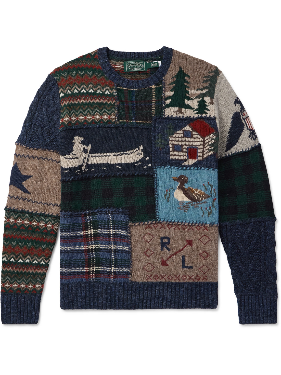 Polo Ralph Lauren Patchwork Jacquard-knit Wool And Cashmere-blend Sweater In Blue
