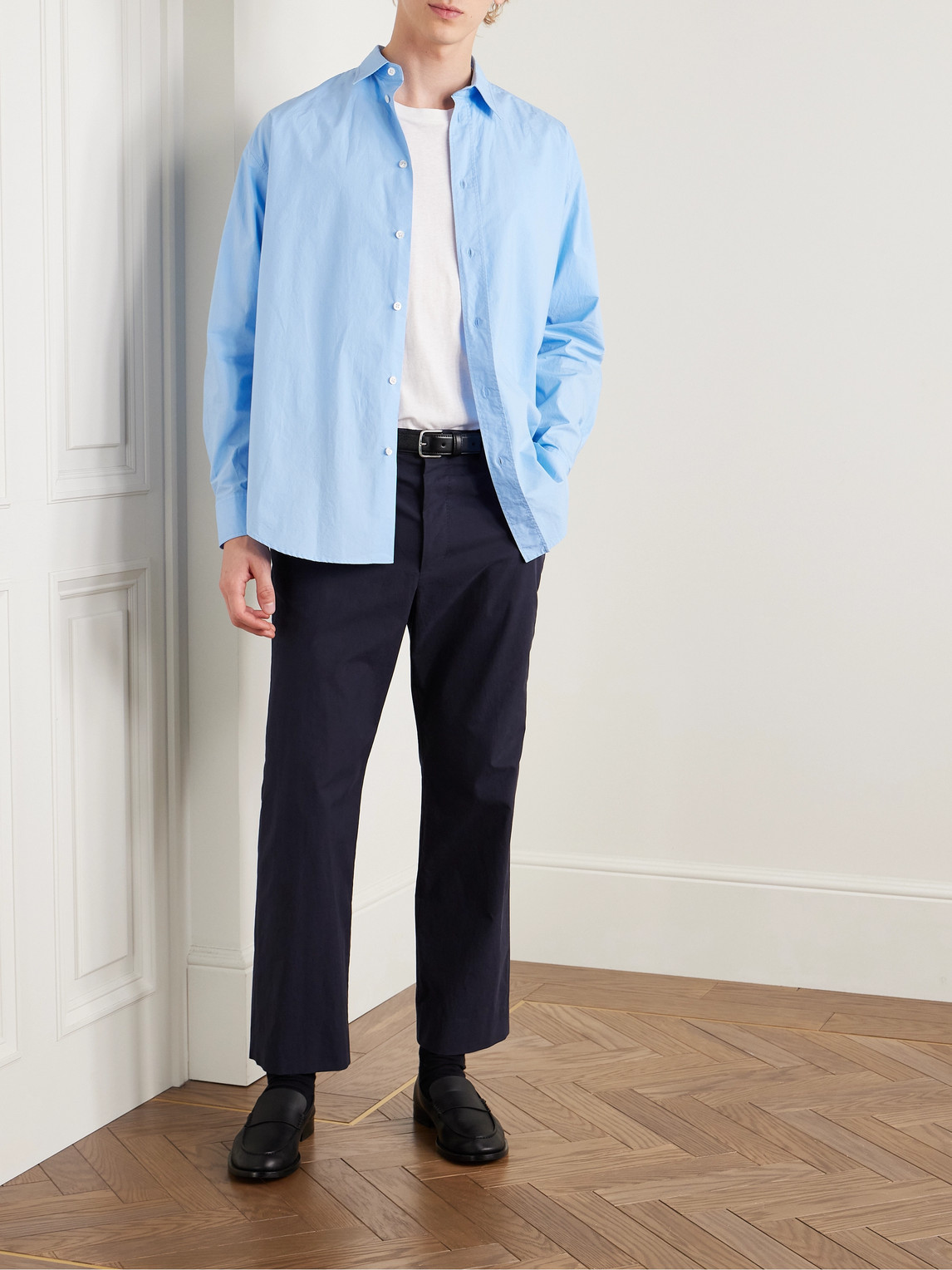The Row Lerio Straight-leg Cotton-poplin Suit Trousers In Blue