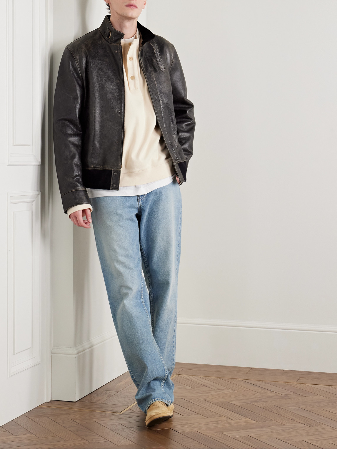 The Row Edrice Distressed Leather Jacket In Gray