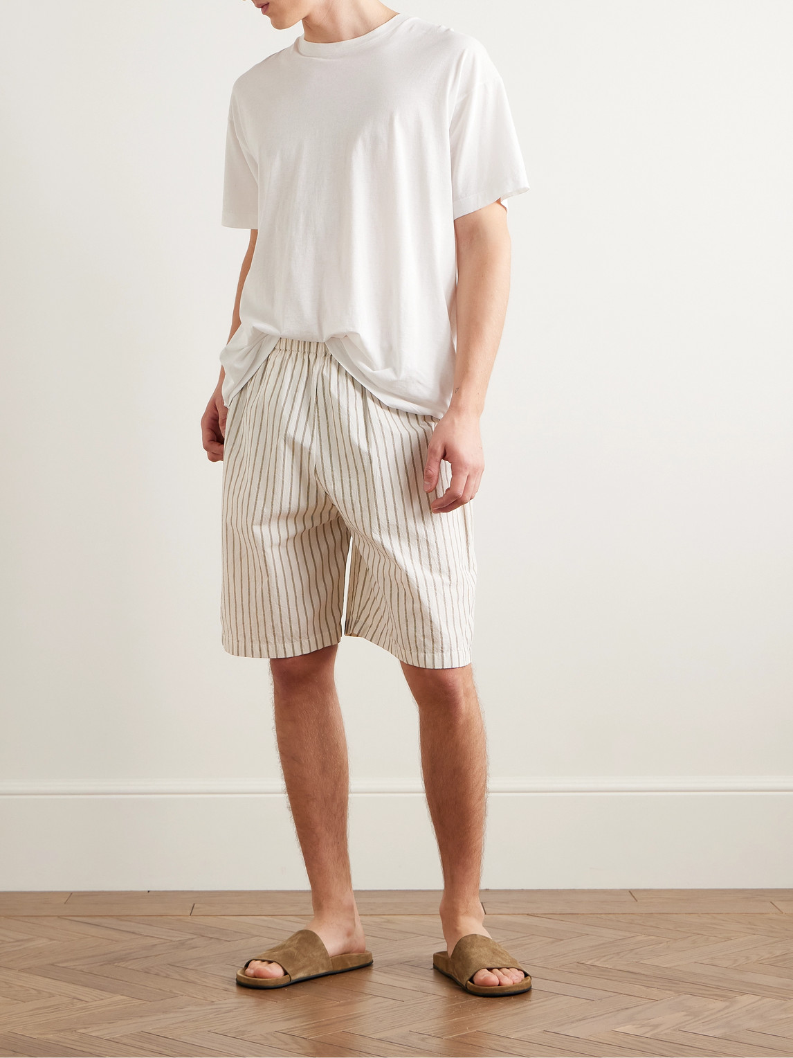 The Row Zindel Straight-leg Striped Cotton Shorts In Neutral