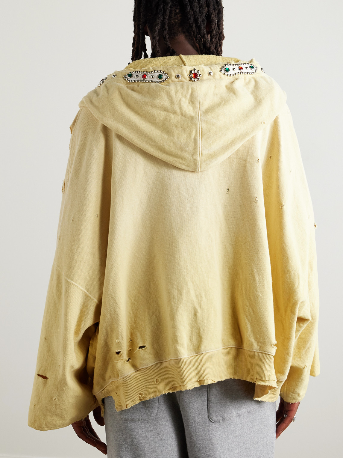 Shop Kapital Embelished Distressed Cotton-jersey Zip-up Hoodie