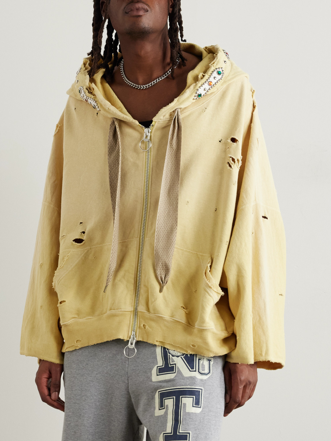 Shop Kapital Embelished Distressed Cotton-jersey Zip-up Hoodie