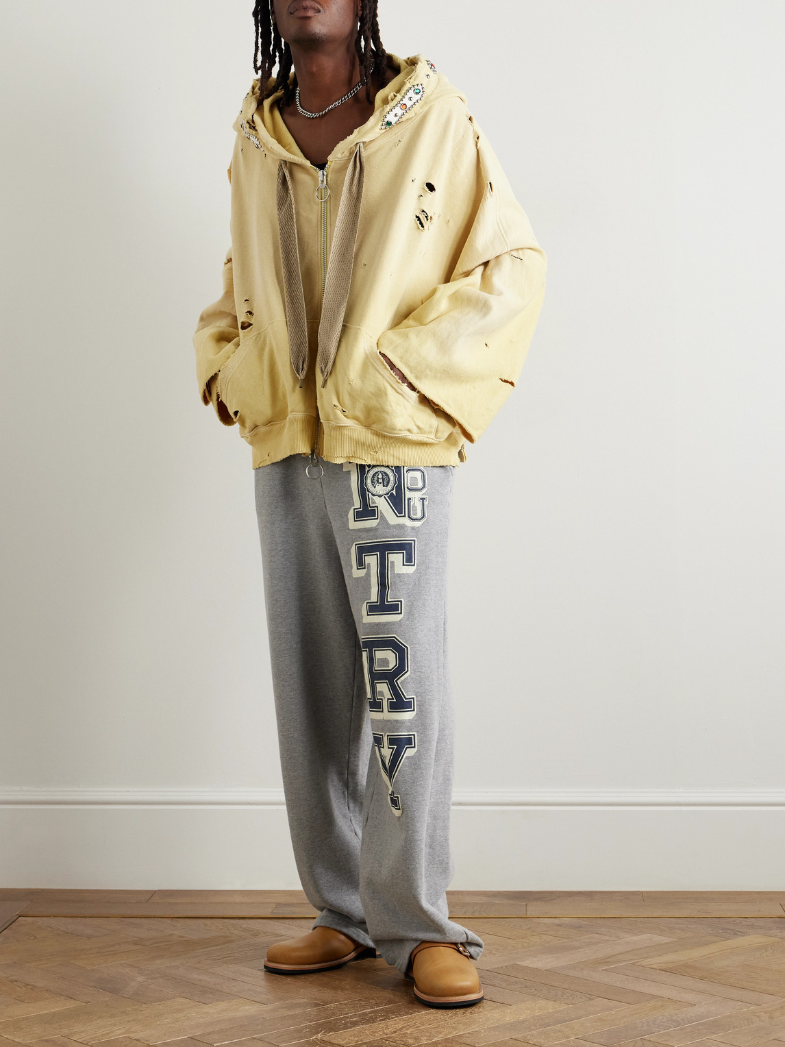 Shop Kapital Embelished Distressed Cotton-jersey Zip-up Hoodie