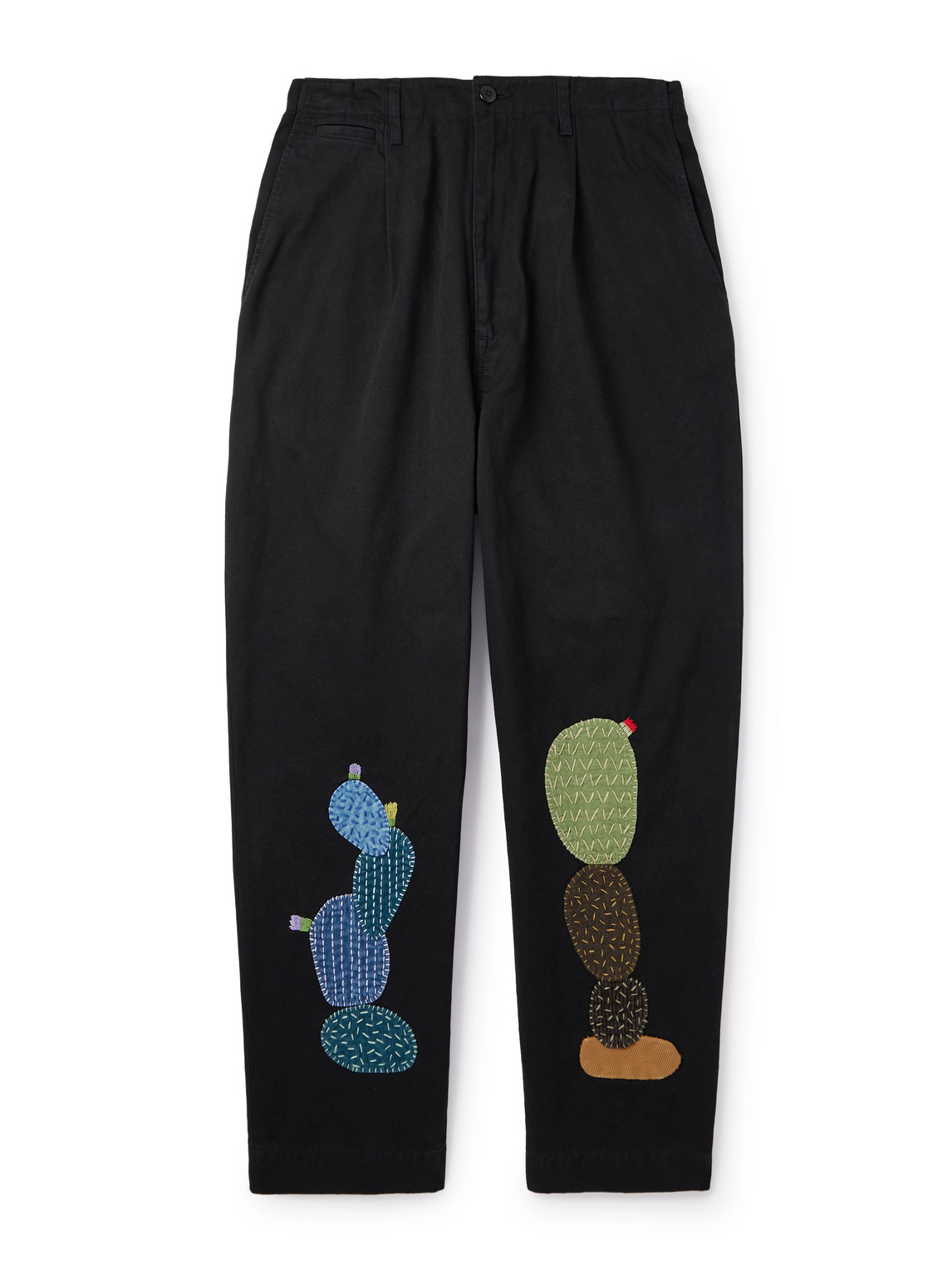 Kapital Nime Wide-leg Appliquéd Cotton-twill Trousers In Black