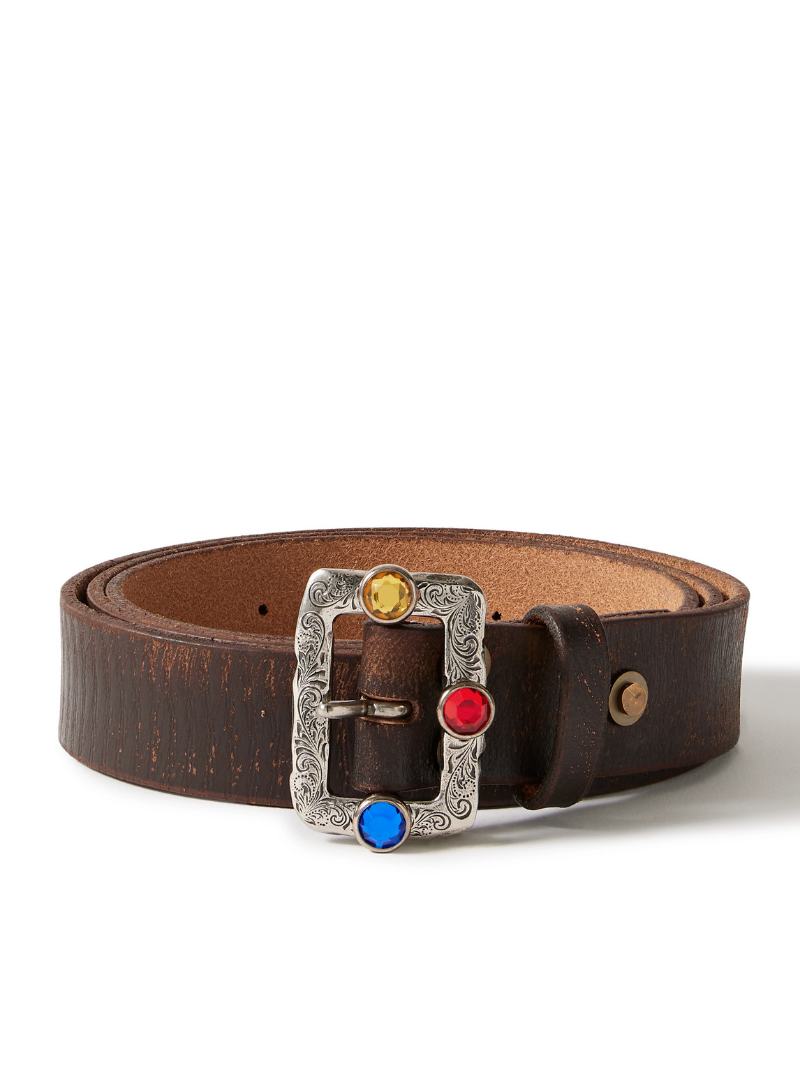Kapital 3cm Crystal-embellished Oiled-leather Belt In Brown