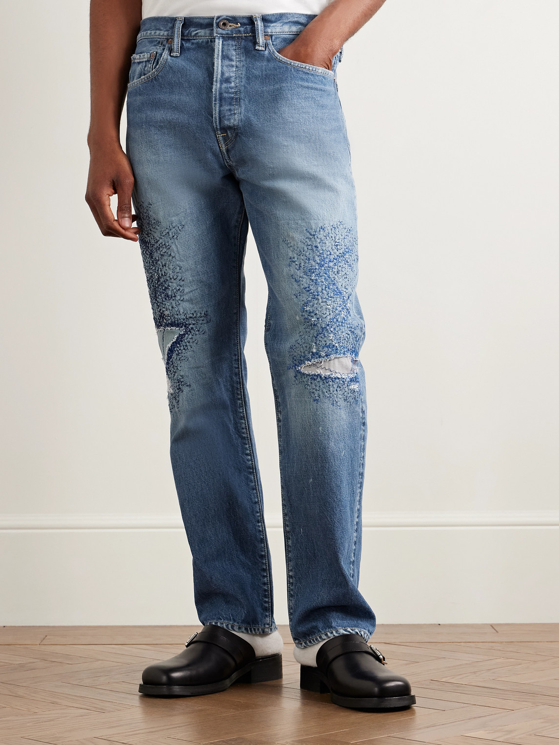 Shop Kapital Monkey Cisco Straight-leg Distressed Embroidered Jeans In Blue