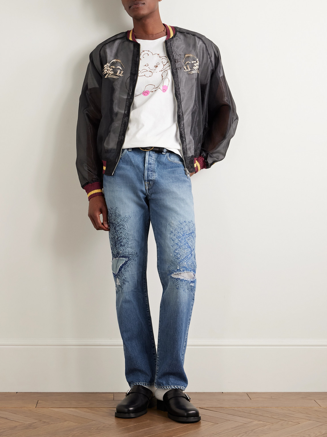 Shop Kapital Monkey Cisco Straight-leg Distressed Embroidered Jeans In Blue
