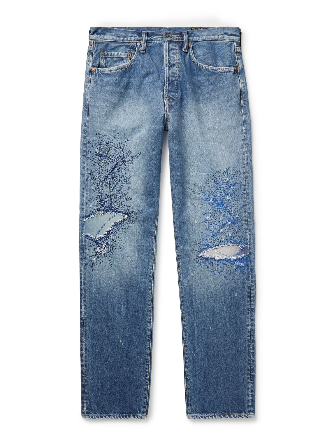 Kapital Monkey Cisco Straight-leg Distressed Embroidered Jeans In Blue