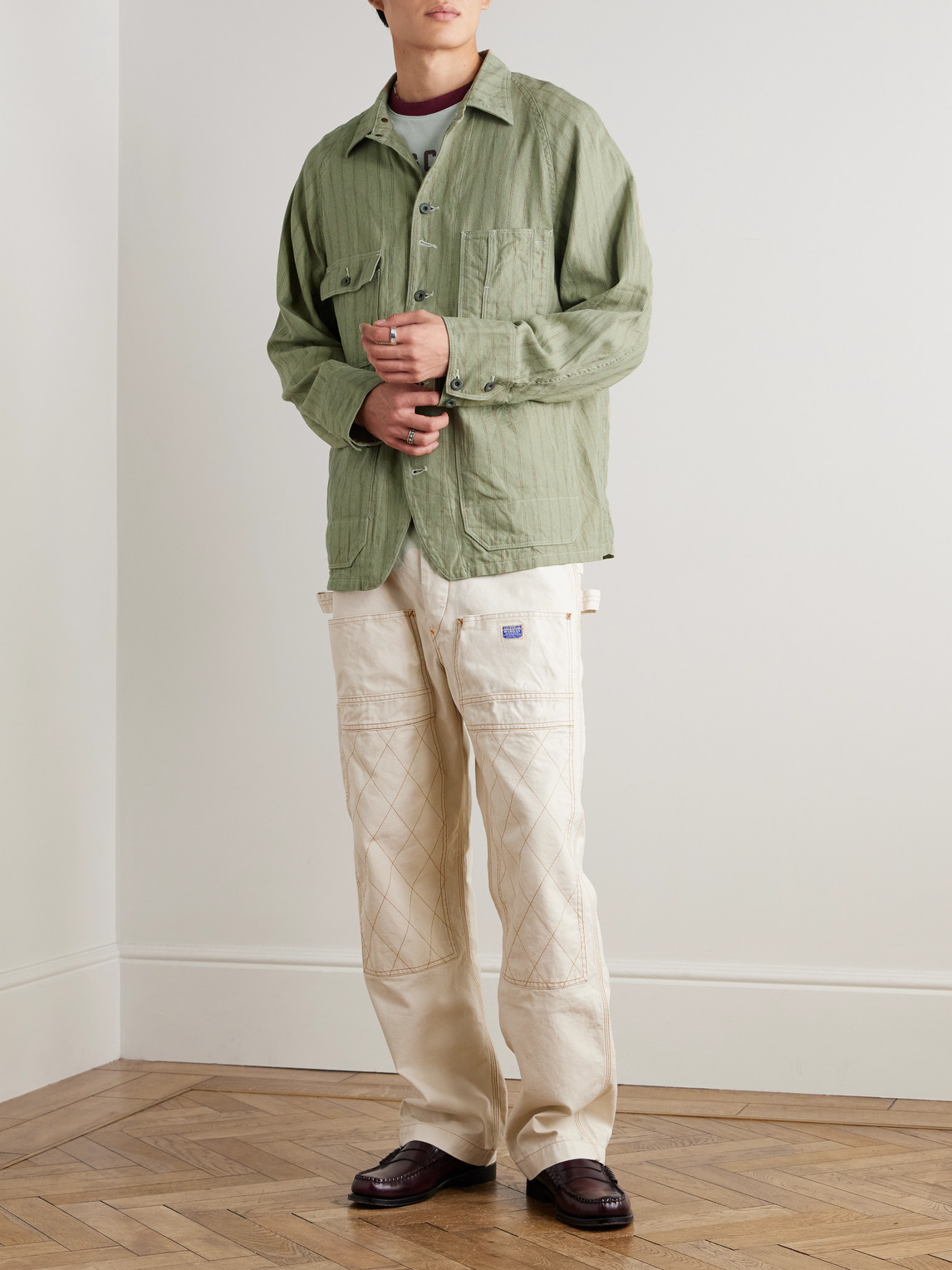 Kapital Gibson Striped Linen And Cotton-blend Overshirt In Green