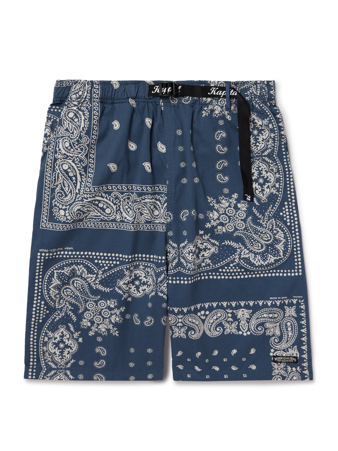 Kapital Straight-leg Belted Bandana-print Patchwork Cotton-twill Shorts In Blue