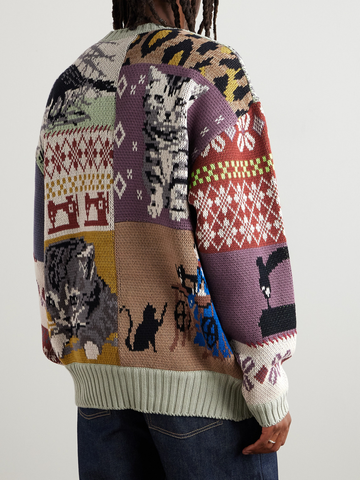 Shop Kapital Patchwork Cotton-blend Jacquard Sweater In Green