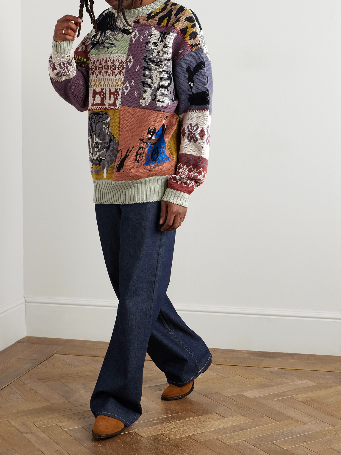 Shop Kapital Patchwork Cotton-blend Jacquard Sweater In Green