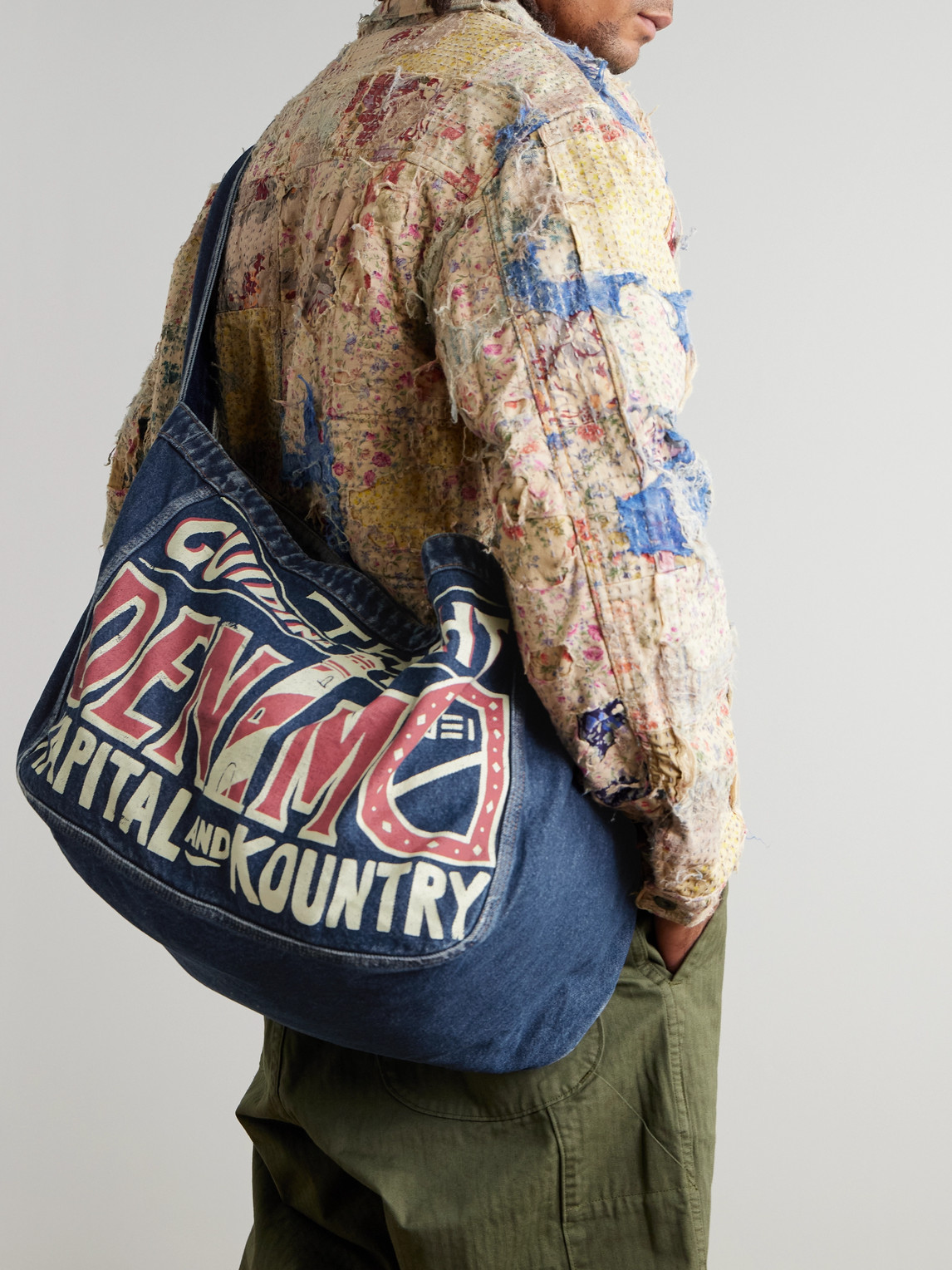 Shop Kapital Guiding Light Printed Denim Messenger Bag In Blue