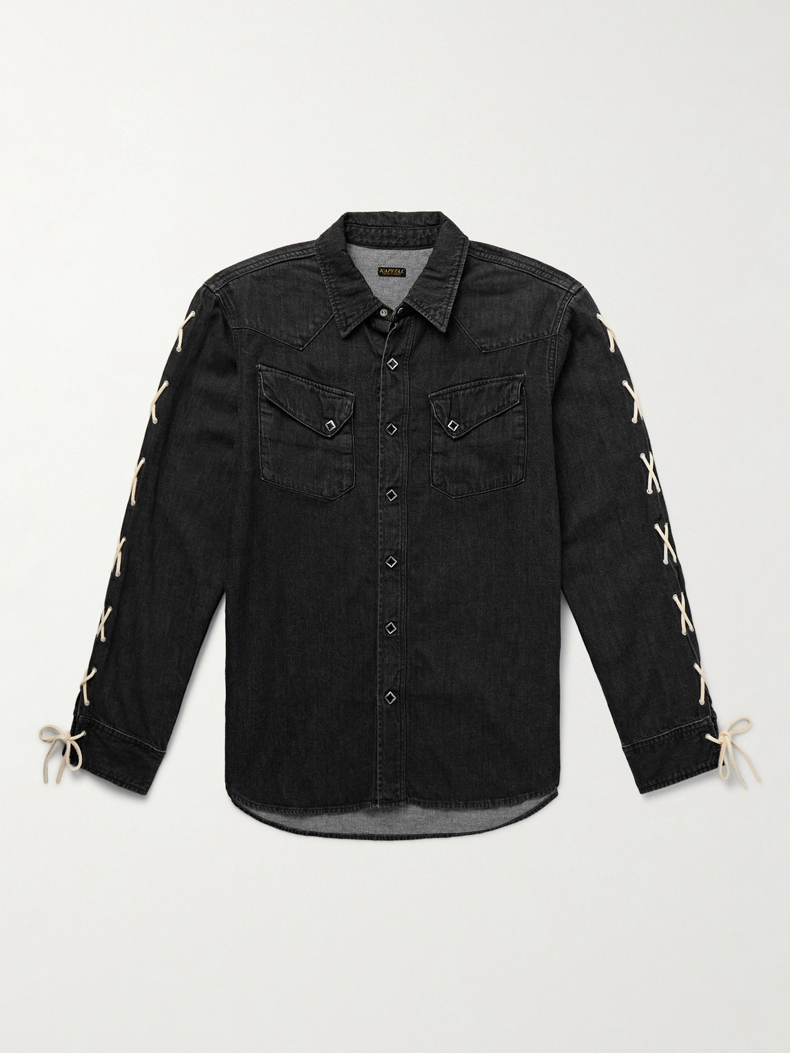 Kapital Slim-fit Leather-trimmed Lace-up Denim Shirt In Black