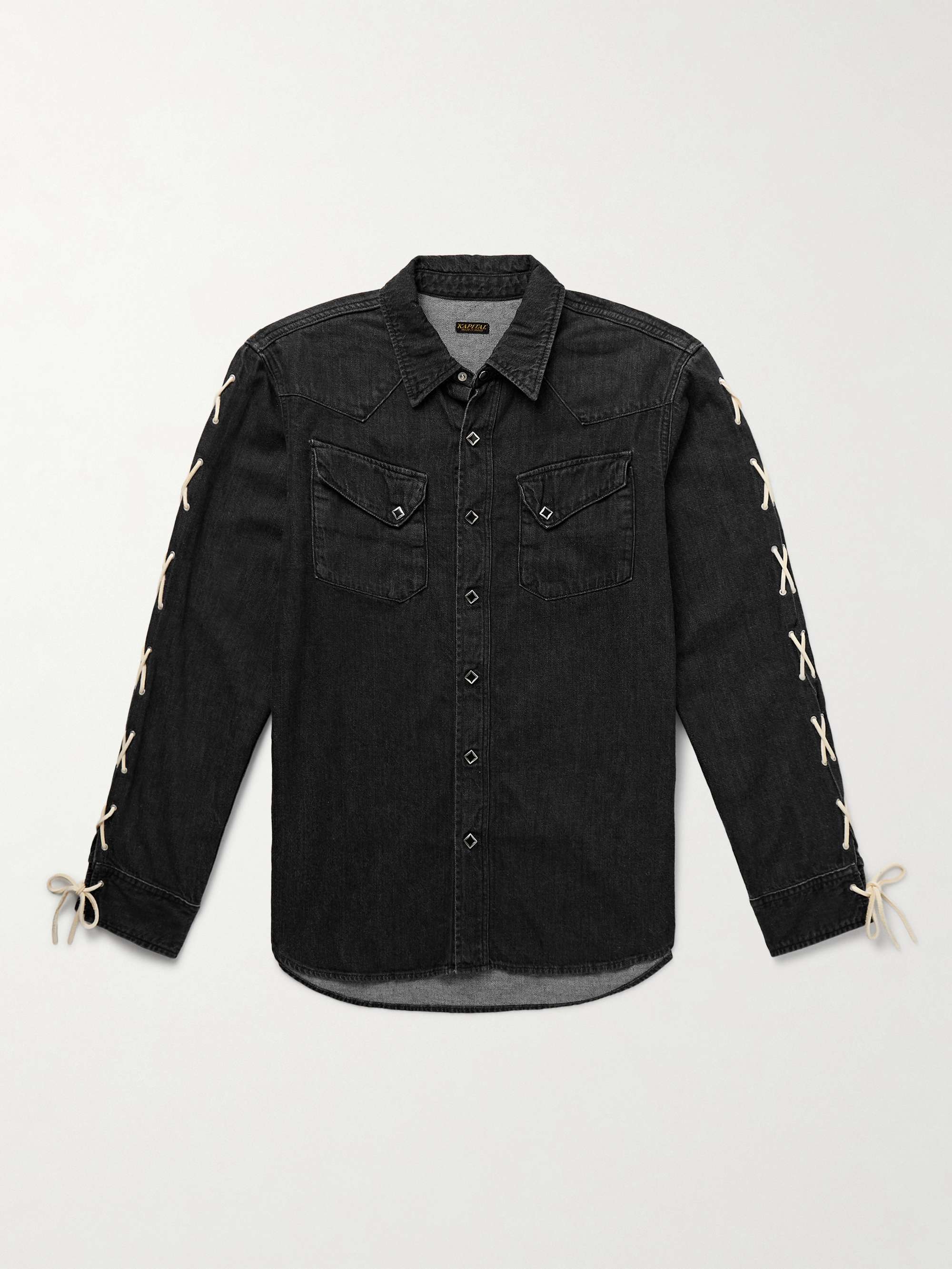 KAPITAL Slim-Fit Leather-Trimmed Lace-Up Denim Shirt for Men KAPITAL Slim-Fit Leather-Trimmed Lace-Up Denim Shirt for Men