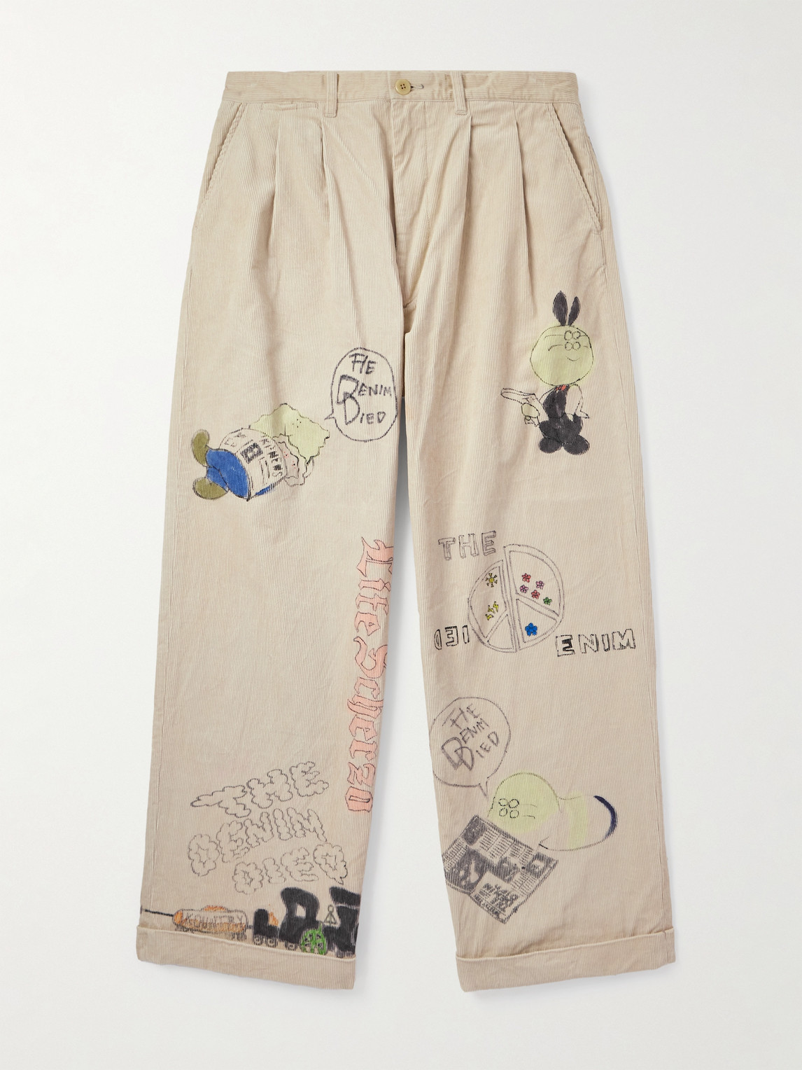 Kapital Ivy Wide-leg Pleated Printed Cotton-corduroy Trousers In Neutral