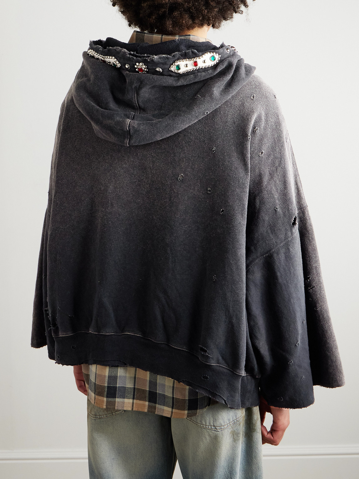 Shop Kapital Embelished Distressed Cotton-jersey Zip-up Hoodie