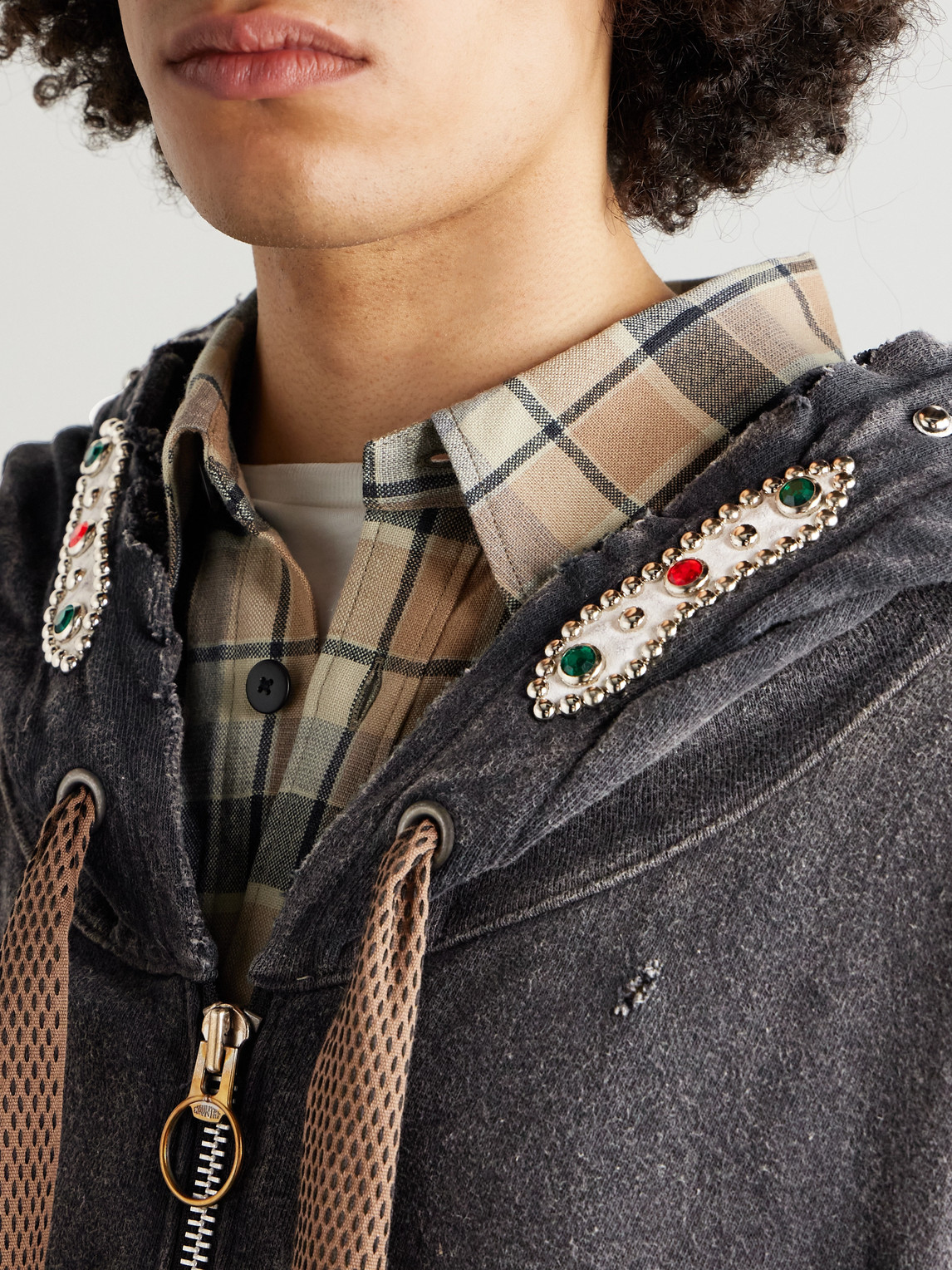 Shop Kapital Embelished Distressed Cotton-jersey Zip-up Hoodie
